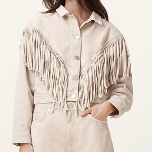AllSaints Marlene Fringed Denim Jacket In Cream White Womens Size 12 Relaxed-Fit